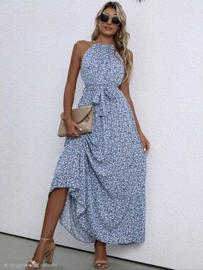 Blue Floral Halter Maxi Dress XL(12)